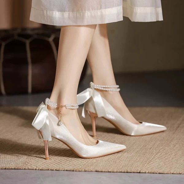 Women Satin Pearl Chain Heels