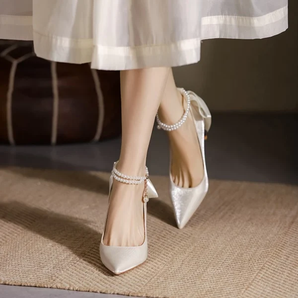 Women Satin Pearl Chain Heels