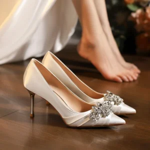 White Satin Rhinestone Stiletto Heels
