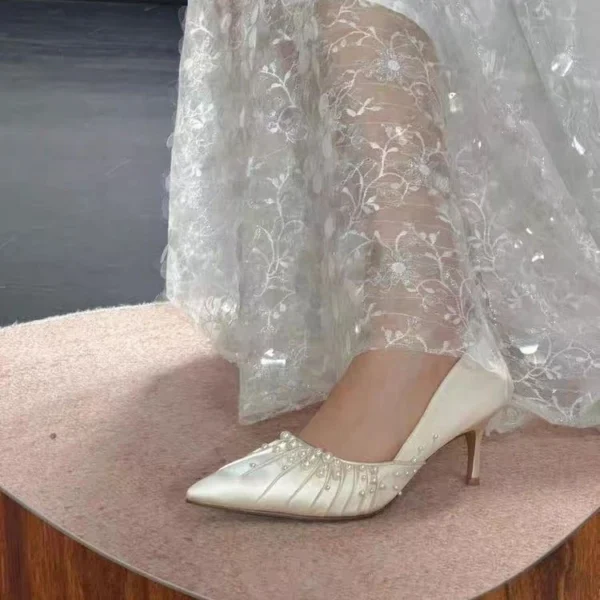 Women Pearl Satin Stiletto Heels