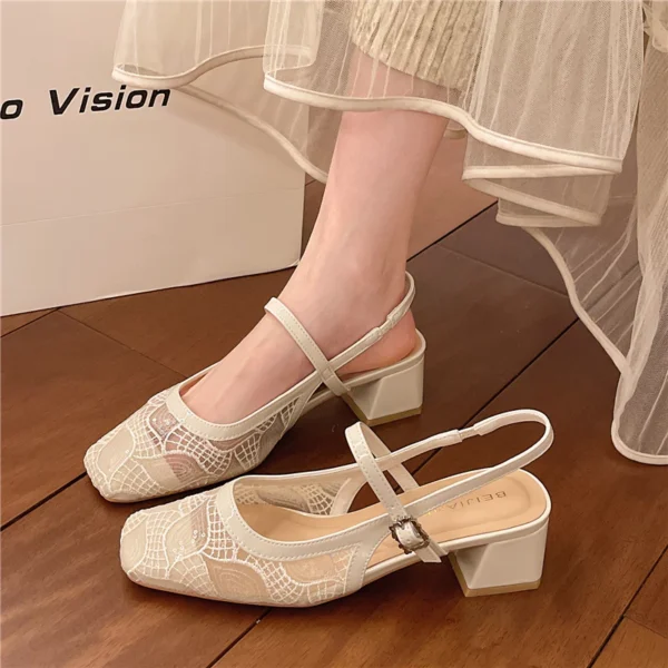Women Mesh Slingback Chunky Heels