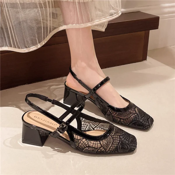Women Mesh Slingback Chunky Heels