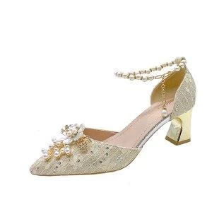 Women Flower Pearl Chain Heels