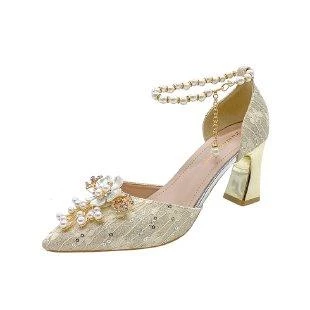 Women Flower Pearl Chain Heels